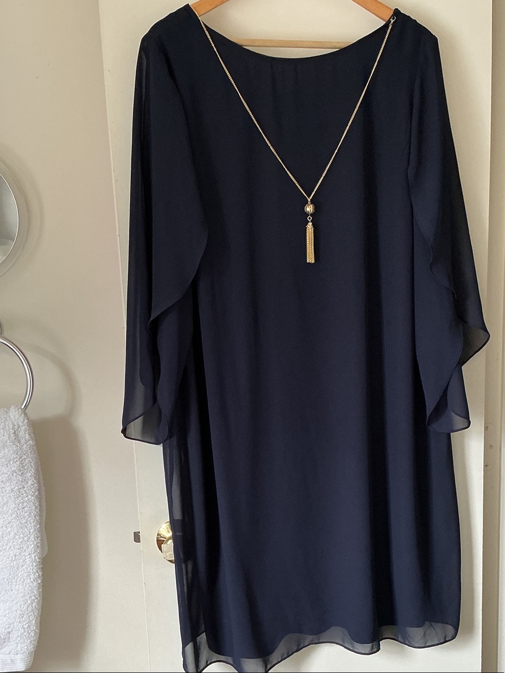 MSK Navy Long Sleeve Chiffon Shift Dress with Gold Pendant